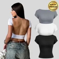 Cropped Costa Nua Feminina Ombro a Ombro manga curta Suplex Baby Tee Liso Casual Básico Tecido Duplo