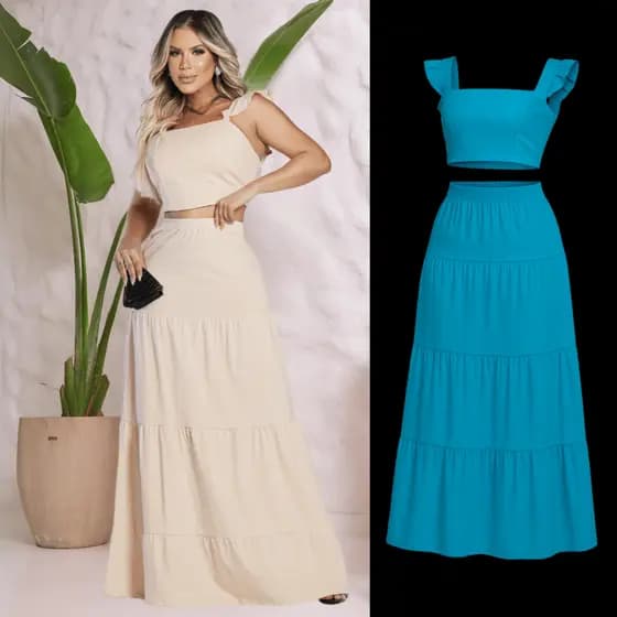 Conjunto Feminino Saia Longa + Cropped Alça Babado Algodão Moda Tendência Verão