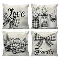 Kit 04 Capas de Almofadas Love, Família Rústicas Xadrez 0,45cm x 0,45cm Decoração preta e branca