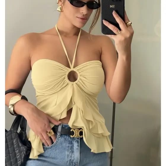 Top blusinha feminina tendência candy color alfaiataria verão blusa cropped tomara que caia/amarração carnaval 2026 copa