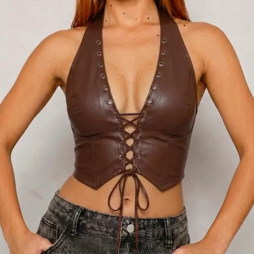 Cropped  Corselete Feminino Couro Fake Trançado Frente Única Decote Festa Moda 2026 Courino Tendencia Inverno/Verão