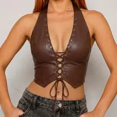 Cropped  Corselete Feminino Couro Fake Trançado Frente Única Decote Festa Moda 2026 Courino Tendencia Inverno/Verão
