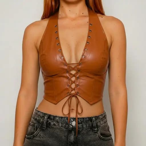 Cropped Feminino Corselete Couro Courino Trançado Decote  Frente Única  Amarração Ajustável Tendência 2026 Fake