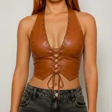 Cropped Feminino Corselete Couro Courino Trançado Decote  Frente Única  Amarração Ajustável Tendência 2026 Fake