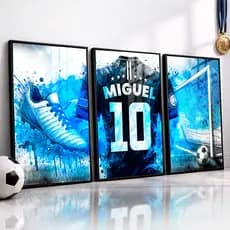 Kit 3 Quadros Futebol Personalizado com Nome Infantil Camisa Chuteira Bola Quarto Decoração Menino
