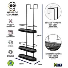 Prateleira Porta Shampoo Banheiro Suporte 3 Andares Sem furo De Box - Preto