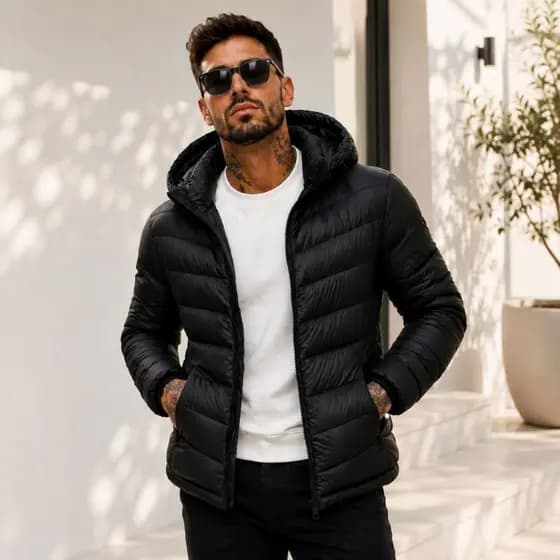 Jaqueta Puffer Masculina Preta Inverno Casaco Nylon Com Capuz Forrada Quentinha Moda Blogueira Elegante Impermeável