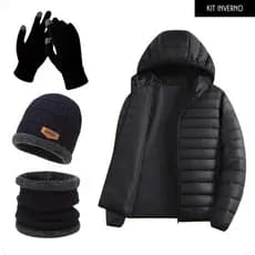 Kit Inverno Jaqueta Puffer Impermeável Bobojaco com Touca Gorro e Lã Luvas Unissex Casaco Frio Completo Quentinho
