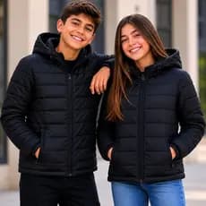 Jaqueta Juvenil Inverno Com Capuz Acolchoada Corta Vento Leve Quente Moderna Casual Com Bolsos e Fechamento em Zíper