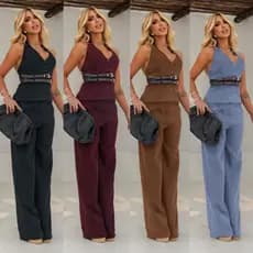 Conjunto Feminino Calça Pantalona Com Bolsos E Colete Frente única Elegante Alfaiataria 12-27
