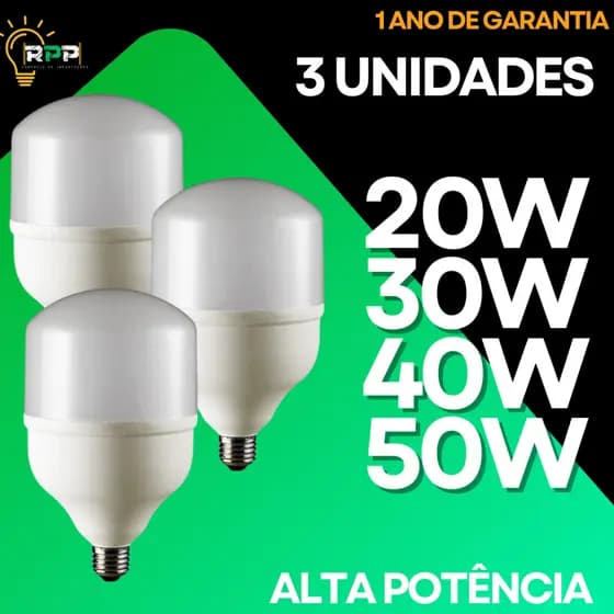 Kit 03 Lâmpadas Led Bulbo 50w, 40w,30w e 20w Alta Potência E27 6500K Branco Frio 1 Ano de Garantia