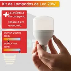 Kit Lâmpadas LED 20W Alta Potência Bivolt E27 Branco Frio 6500K Econômica