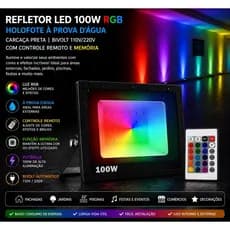Refletor Led 100w Holofote A Prova Dágua RGB Carcaça Preto 110V/220V (Bivolt) Com Controle Remoto