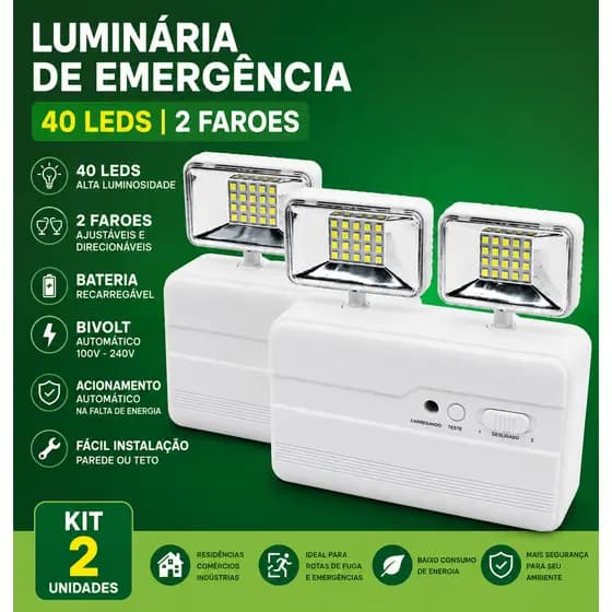 Kit 2 Luminária De Emergência 2 Faróis 40leds Bateria Recarregável Mayler