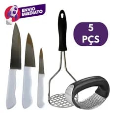 KIT 05 Pç Amassador Espremedor Batatas Inox + Amassador Alho Manual + Jogo 3 Facas Cabo Plástico