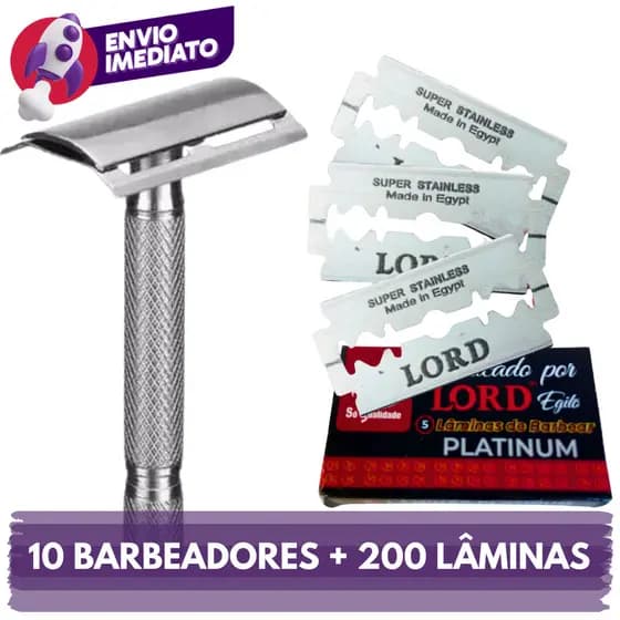 Combo 10 Aparelho Barbear Metal Clássico Profissional Manual Retrô Com Lâmina Barbeador E Navalha