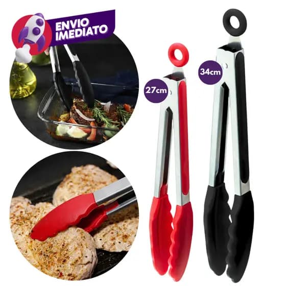 Pegador Pinça Culinária 27 e 34Cm Inox E Silicone Com Pé Apoio Carne Massa Empratamento Restaurante