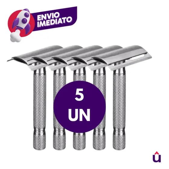 Kit 05 Aparelho Barbeador Metal Clássico Manual Retrô Com Lâmina Inox Descartável Barbearia