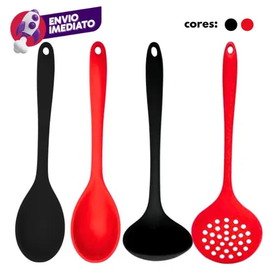 Kit 04 Pç: Colher Arroz + Concha Feijão Caldos + Escumadeira Universal Silicone Panelas Teflon