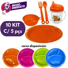 Jogo Papinha Refeição Infantil Plástico 5Pç: Prato/Colher/Garfo/Copo/Tigela Kit Com 08 Ou 10 Un