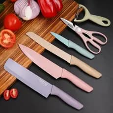 Kit de Conjunto Facas Coloridas Tesoura Descascador Cozinha Gourmet 6 Peças