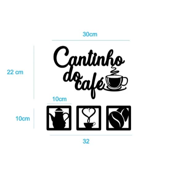 Kit 4 Peças Cantinho do Café Preto Fosco 30cm Decoração de Cozinha Mdf 4mm