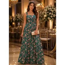 VESTIDO FEMININO LONGO EM ALFAITARIA ELEGANTE COM LATEX E CORDINHA REGULAVEL E ZIPER NA LATERAL,LUXO FESTA MADRINHA