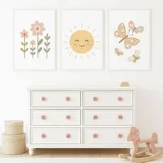 Kit 3 Quadros Decorativos 3 Peças Infantil Sol Flor Borboletas Rosas