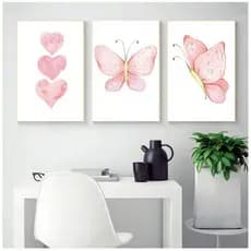 Quadros Decorativos 3 peças Delicado Borboleta Coração Rosa