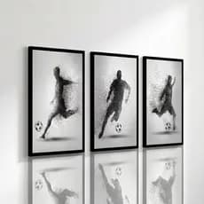 Quadro Decorativos 3 Peças Jogadores Futebol Preto e Branco