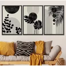 Quadro Decorativos 3 Peças 40x60 Boho Preto e Branco Folhagens