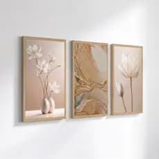 Quadros decorativos 3 peças sala floral tons claros
