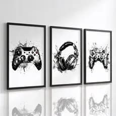 Quadro Decorativos 3 peças Vídeo Game Controle Preto e Branco