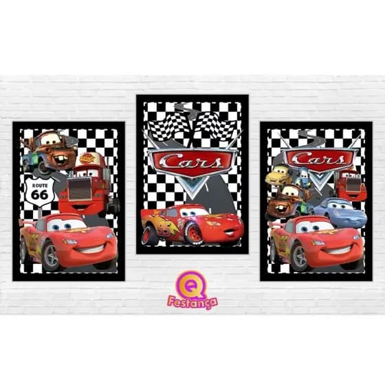 Quadros decorativos 3 peças carros relâmpago mcqueen Disney