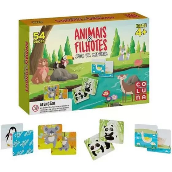 Jogo da Memória Animais e Filhotes 54 Peças, 27 Pares