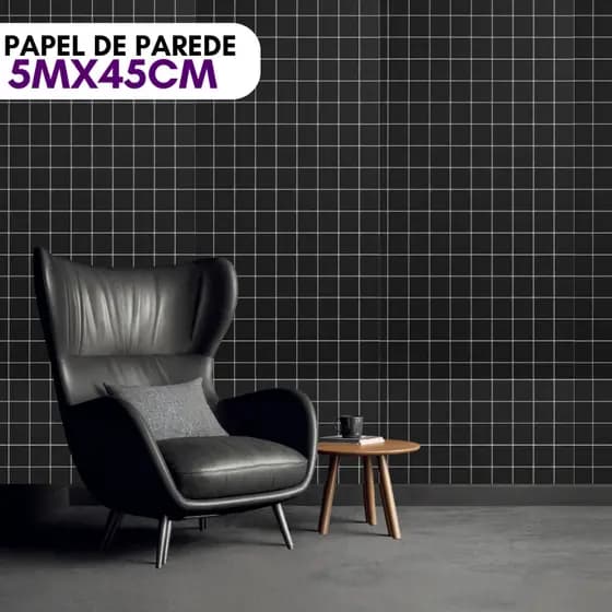 Papel de parede Adesivo Quadriculado Preto Liso Material Importado Fosco 5mx45CM Lavável
