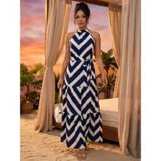 Vestido Longo Com Estampa Floral Completa, Decote Halter E Cinto, Estilo Fluído Para Férias P M G