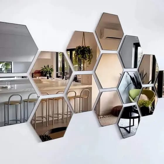 Kit 12 Acrilico Espelhado Para Decoração de Quarto Sala Hexágonos Adesivo de parede geométrico P e G