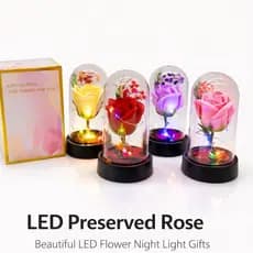 Rosa Encantada com Luz LED – Flor Eterna Decorativa em Cúpula de Acrílico8.5x15cm
