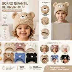 Touca/Gorro pelucia Infantil Unissex com Orelhas de Urso 100% Poliéster 0-5 ANOS
