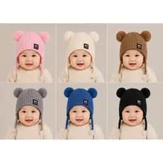 Touca de Lã Térmica desenho fofo Gorro de Tricô Infantil com Protetor de Orelha e Pompom