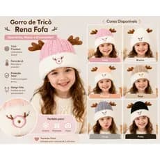 Gorro Infantil de Tricô com Chifrinhos de Rena Touca Infantil de Lã com Orelha Peluciada e Chifrinhos de Rena - Premium