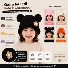 Touca Infantil Macio, Quentinho e Charmoso Gorro Infantil de Tricô com Pompons e Flor Decorativa