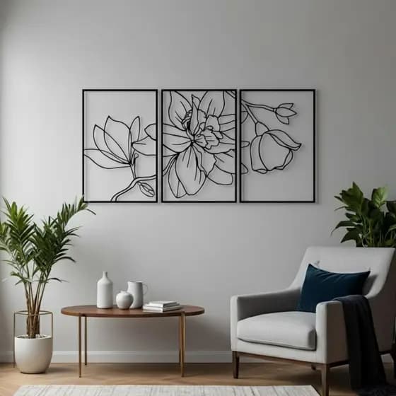 Quadro Decorativo Triplo Floral Minimalista em MDF – Parede Sala ou Quarto