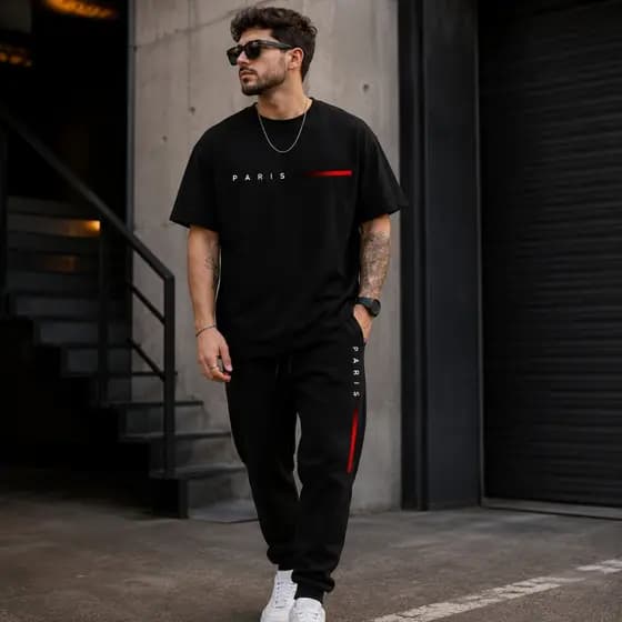 Conjunto Masculino Camiseta Slim Paris + Calça Moletom com Bolso Casual em Algodão Confortável