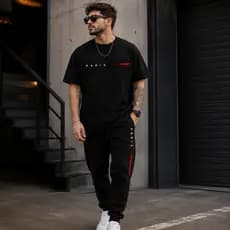 Conjunto Masculino Camiseta Slim Paris + Calça Moletom com Bolso Casual em Algodão Confortável