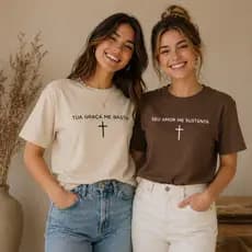 Kit 2 Camisetas Cristã Feminina – Tua Graça & Seu Amor | Igreja Casual 100% Algodão Moda Feminina