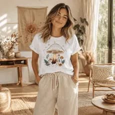 Camiseta Feminina Estampada Cogumelo Algodão Premium Blusa Básica Casual Estampada DTF Moda Feminina