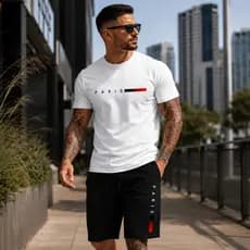 Conjunto Camiseta Slim e Short Moletom Casual Elegante Algodão Premium
