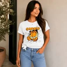 Camiseta Estampada Garfield Feminina Manga Curta Algodão Premium Casual Moda Feminina